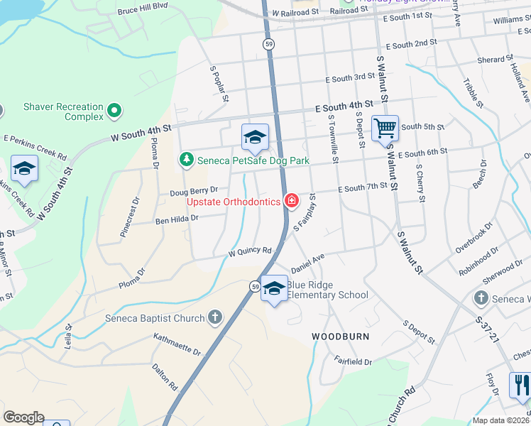 map of restaurants, bars, coffee shops, grocery stores, and more near 619 South Pine Street in Seneca