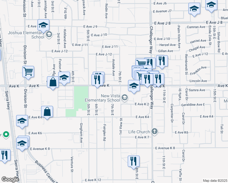map of restaurants, bars, coffee shops, grocery stores, and more near 43540 7th Street East in Lancaster