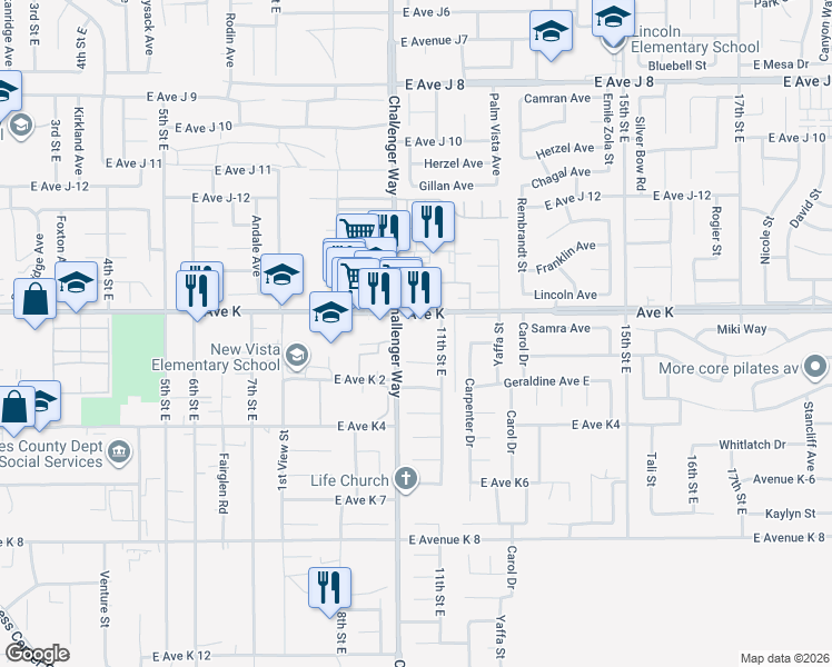 map of restaurants, bars, coffee shops, grocery stores, and more near 1020 East Avenue K in Lancaster