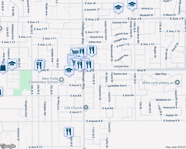 map of restaurants, bars, coffee shops, grocery stores, and more near 43534 11th Street East in Lancaster