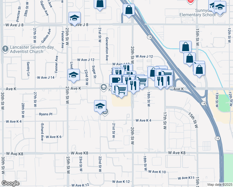 map of restaurants, bars, coffee shops, grocery stores, and more near 2060 West Avenue K in Lancaster