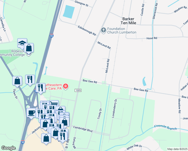 map of restaurants, bars, coffee shops, grocery stores, and more near 103 Bee Gee Road in Lumberton