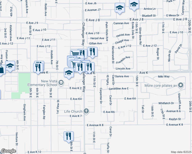 map of restaurants, bars, coffee shops, grocery stores, and more near 43534 11th Street East in Lancaster