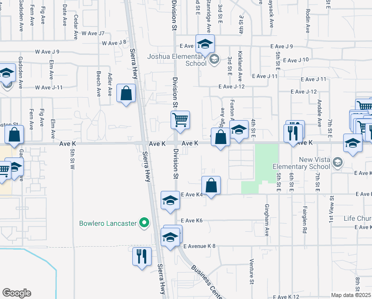 map of restaurants, bars, coffee shops, grocery stores, and more near 118 East Avenue K in Lancaster