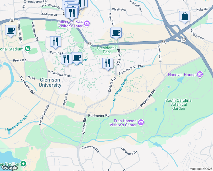 map of restaurants, bars, coffee shops, grocery stores, and more near Cherry Road in Clemson