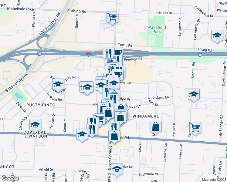 map of restaurants, bars, coffee shops, grocery stores, and more near 8312 Geyer Springs Road in Little Rock