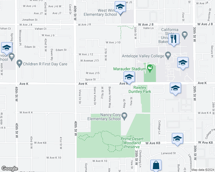 map of restaurants, bars, coffee shops, grocery stores, and more near 43557 Buena Vista Way in Lancaster