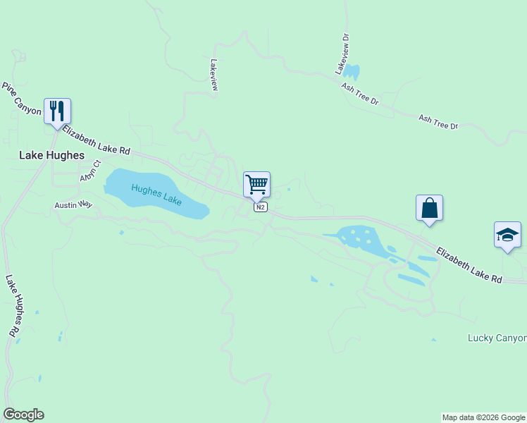 map of restaurants, bars, coffee shops, grocery stores, and more near 17506 Elizabeth Lake Road in Lake Hughes