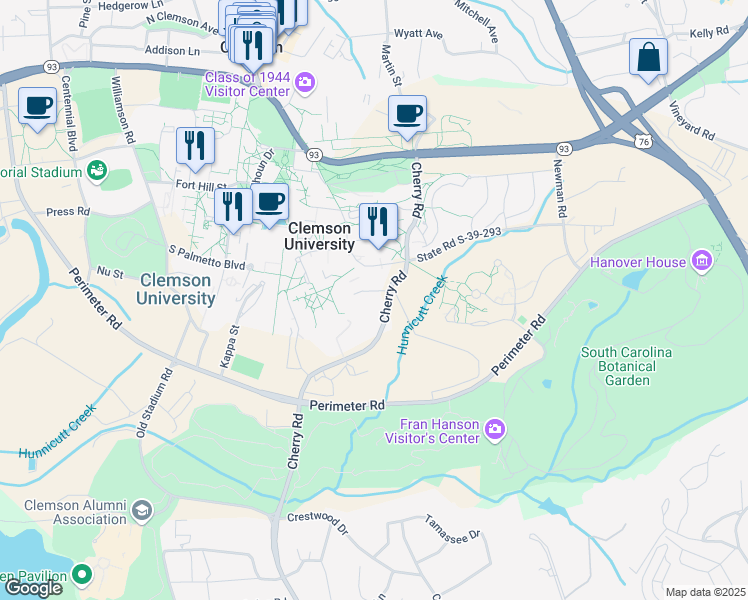 map of restaurants, bars, coffee shops, grocery stores, and more near 105 Collings Street in Clemson