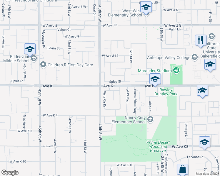 map of restaurants, bars, coffee shops, grocery stores, and more near 43553 37th Street West in Lancaster