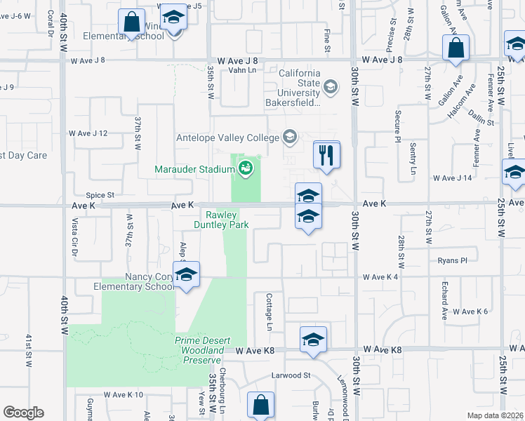 map of restaurants, bars, coffee shops, grocery stores, and more near 3240 West Avenue K1 in Lancaster