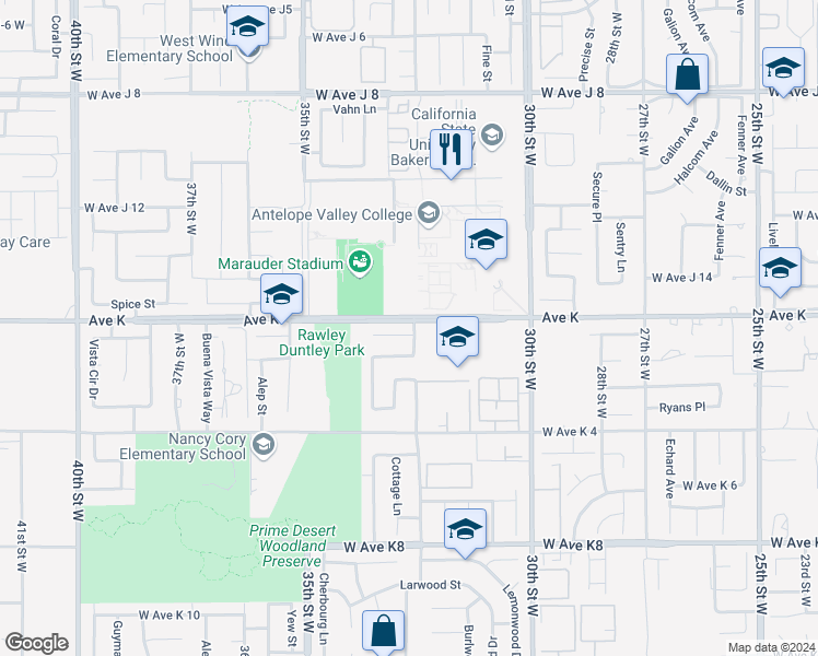 map of restaurants, bars, coffee shops, grocery stores, and more near 2727 West Avenue K1 in Lancaster