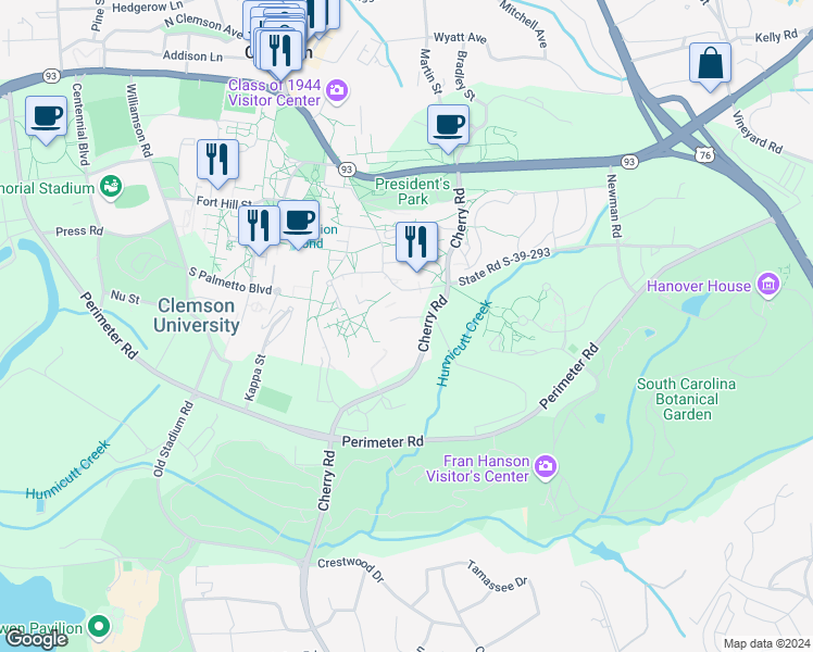 map of restaurants, bars, coffee shops, grocery stores, and more near 105 Collings Street in Clemson