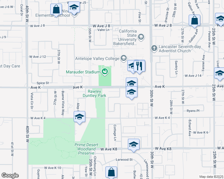 map of restaurants, bars, coffee shops, grocery stores, and more near 3233 West Avenue K1 in Lancaster