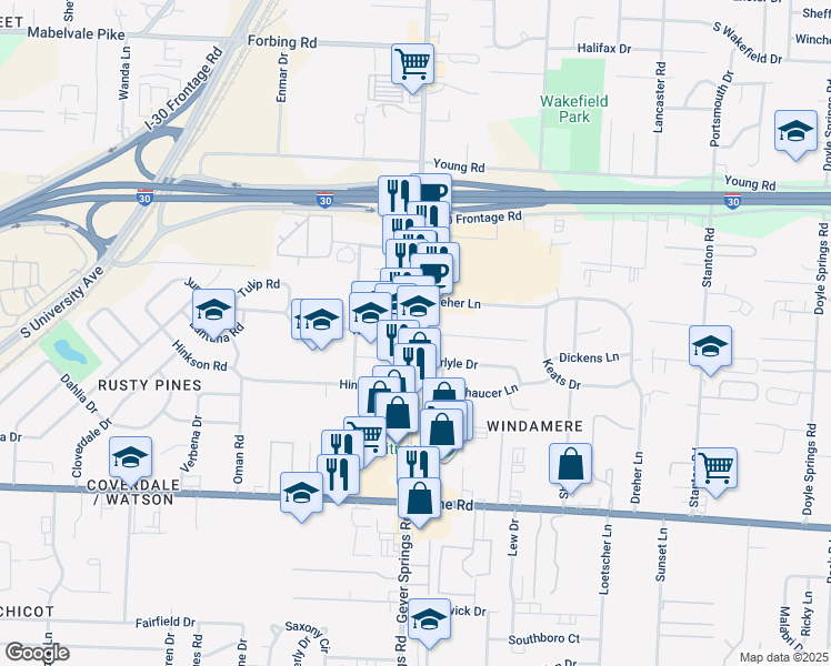 map of restaurants, bars, coffee shops, grocery stores, and more near 8300 Geyer Springs Road in Little Rock