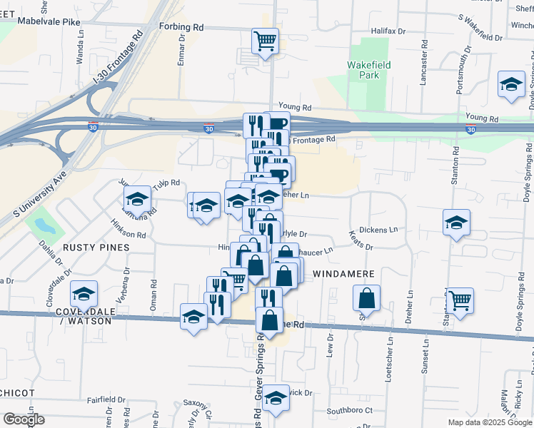 map of restaurants, bars, coffee shops, grocery stores, and more near 8300 Geyer Springs Road in Little Rock