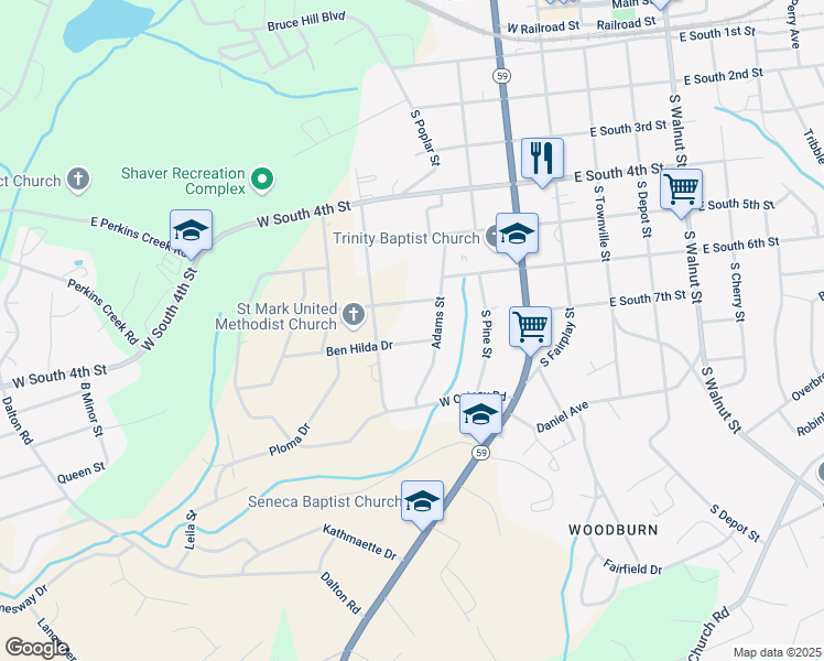 map of restaurants, bars, coffee shops, grocery stores, and more near 401 Ben Hilda Drive in Seneca