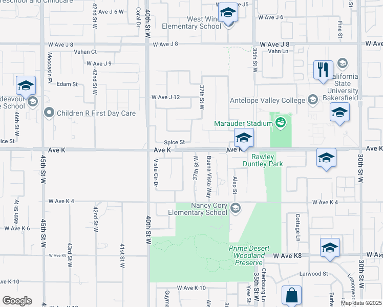 map of restaurants, bars, coffee shops, grocery stores, and more near 43553 37th Street West in Lancaster