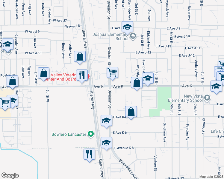 map of restaurants, bars, coffee shops, grocery stores, and more near 78 East Avenue K in Lancaster