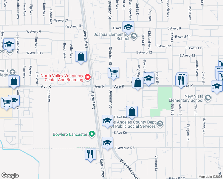 map of restaurants, bars, coffee shops, grocery stores, and more near 0 East Avenue K in Lancaster