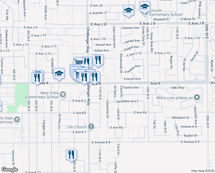 map of restaurants, bars, coffee shops, grocery stores, and more near 1118 East Avenue K in Lancaster