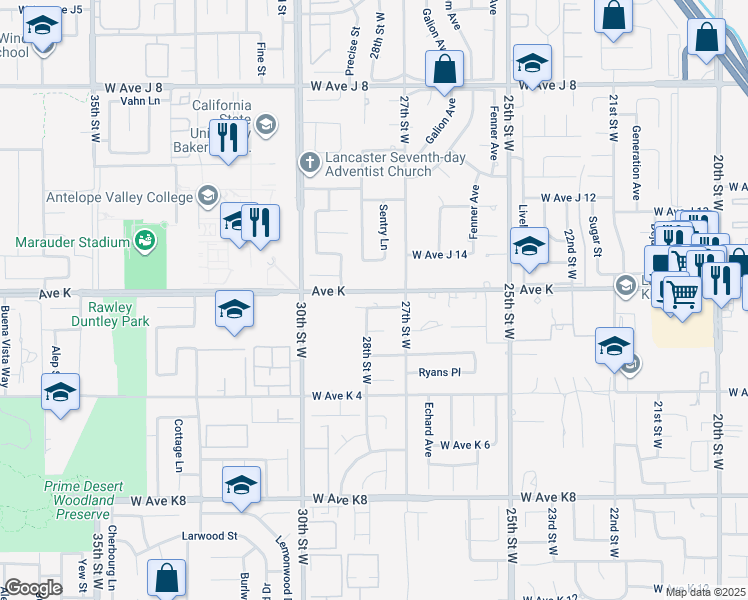 map of restaurants, bars, coffee shops, grocery stores, and more near 2737 Avenue K-1 West in Lancaster