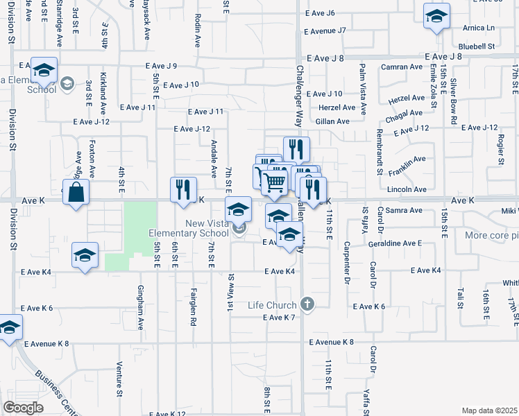 map of restaurants, bars, coffee shops, grocery stores, and more near 790 East Avenue K in Lancaster