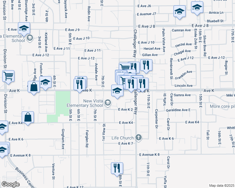 map of restaurants, bars, coffee shops, grocery stores, and more near 790 East Avenue K in Lancaster