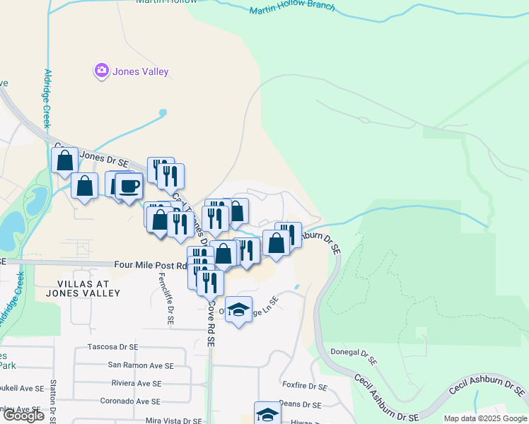 map of restaurants, bars, coffee shops, grocery stores, and more near 300 Southeast Legacy Farm Drive in Huntsville