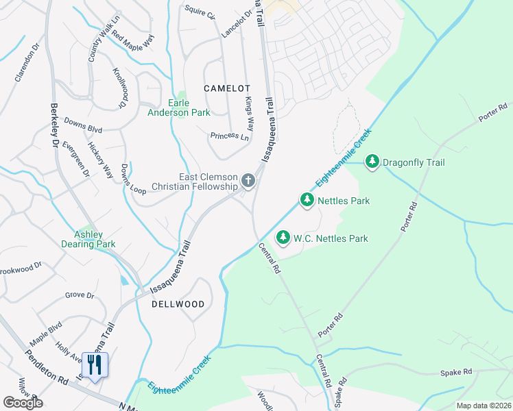 map of restaurants, bars, coffee shops, grocery stores, and more near 121 Nettles Road in Clemson