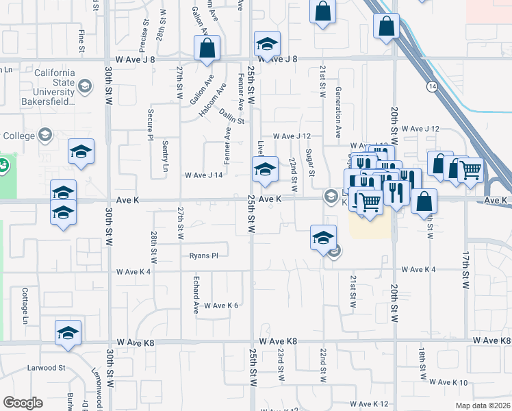 map of restaurants, bars, coffee shops, grocery stores, and more near 2358 West Avenue K in Lancaster