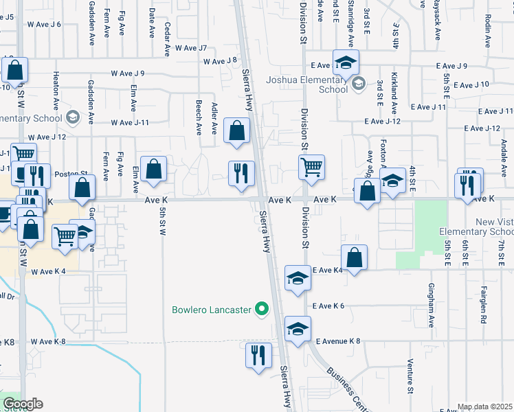 map of restaurants, bars, coffee shops, grocery stores, and more near 43555 Sierra Highway in Lancaster