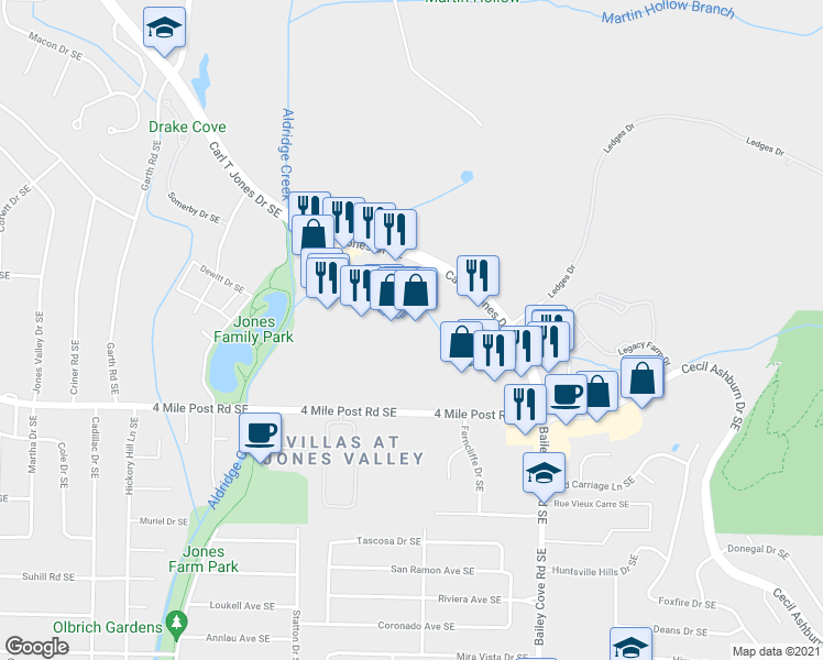map of restaurants, bars, coffee shops, grocery stores, and more near 2750 Carl T Jones Drive Southeast in Huntsville