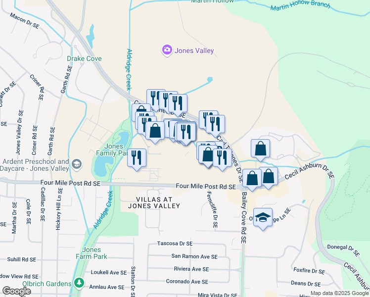 map of restaurants, bars, coffee shops, grocery stores, and more near 2750 Carl T Jones Drive Southeast in Huntsville