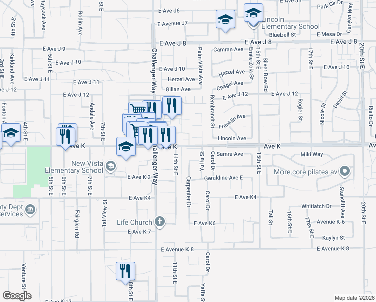 map of restaurants, bars, coffee shops, grocery stores, and more near 1118 East Avenue K in Lancaster