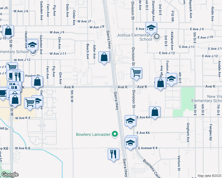 map of restaurants, bars, coffee shops, grocery stores, and more near 43555 Sierra Highway in Lancaster
