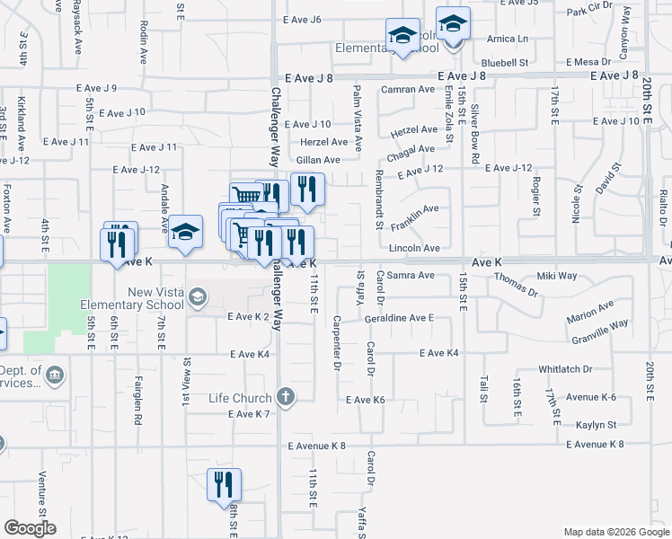 map of restaurants, bars, coffee shops, grocery stores, and more near 43547 Carpenter Drive in Lancaster