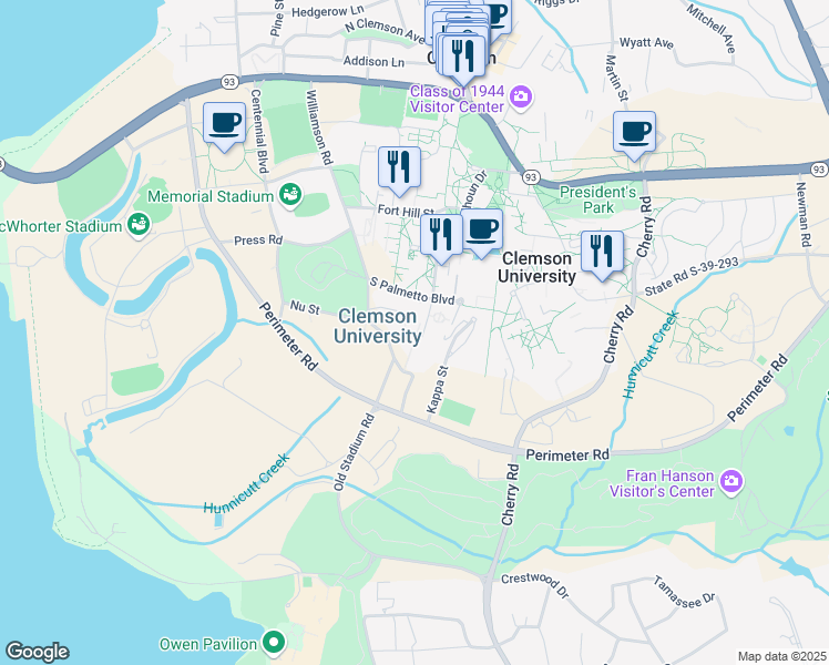 map of restaurants, bars, coffee shops, grocery stores, and more near 323 Fernow Street in Clemson