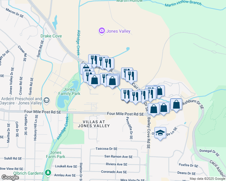 map of restaurants, bars, coffee shops, grocery stores, and more near 2750 Carl T Jones Drive Southeast in Huntsville