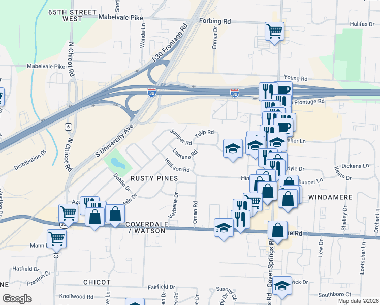 map of restaurants, bars, coffee shops, grocery stores, and more near in Little Rock