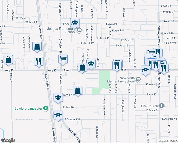 map of restaurants, bars, coffee shops, grocery stores, and more near 200 East Avenue K in Lancaster