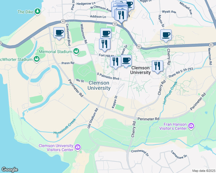 map of restaurants, bars, coffee shops, grocery stores, and more near 311 Harris A. smith building in Clemson