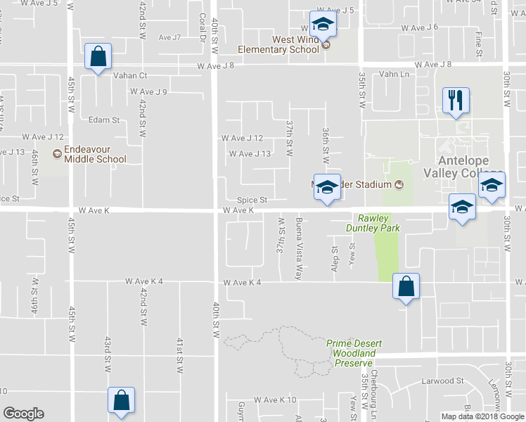 map of restaurants, bars, coffee shops, grocery stores, and more near 3826 West Avenue K in Lancaster