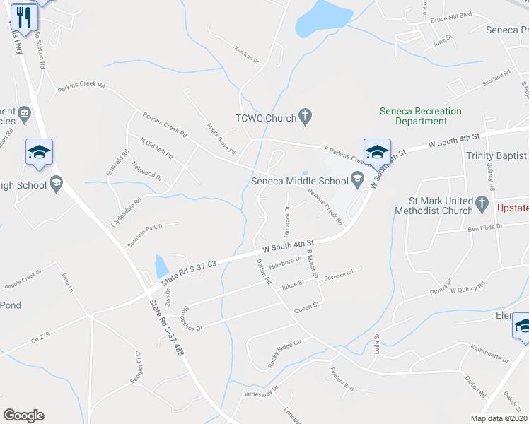 map of restaurants, bars, coffee shops, grocery stores, and more near Madison Pointe Drive in Seneca