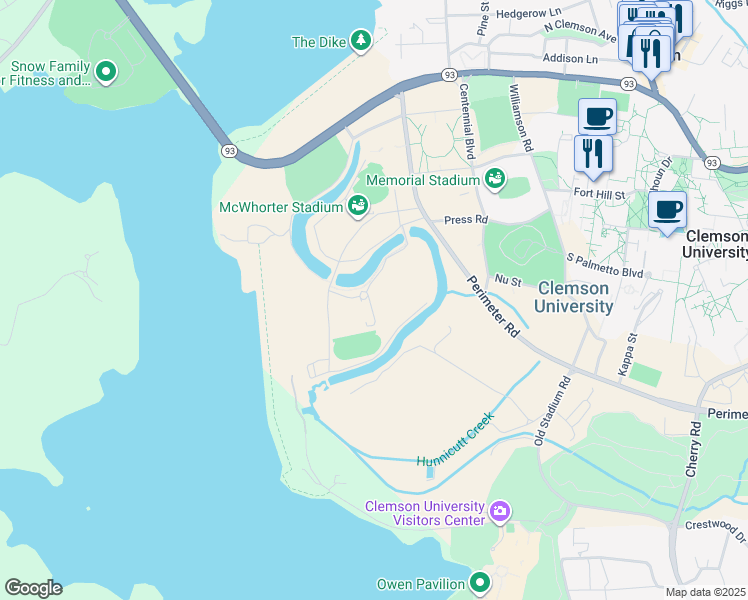 map of restaurants, bars, coffee shops, grocery stores, and more near Jervey Meadows in Clemson