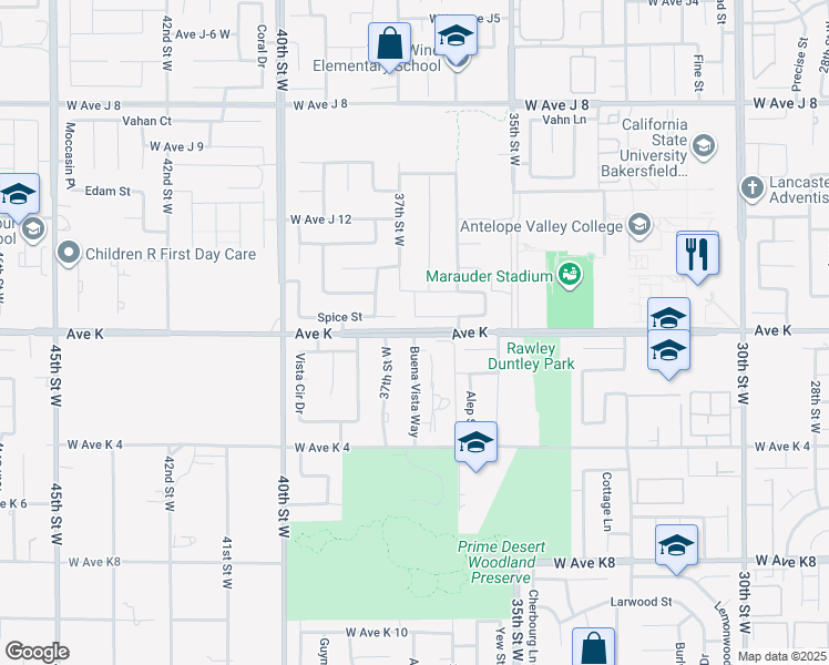 map of restaurants, bars, coffee shops, grocery stores, and more near 43738 Buena Vista Way in Lancaster