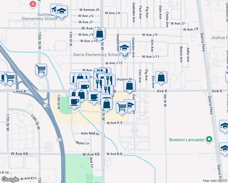 map of restaurants, bars, coffee shops, grocery stores, and more near 819 West Avenue K in Lancaster