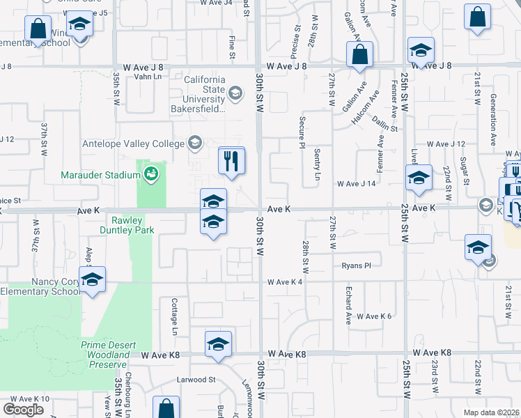 map of restaurants, bars, coffee shops, grocery stores, and more near 30th Street West & West Avenue K in Lancaster