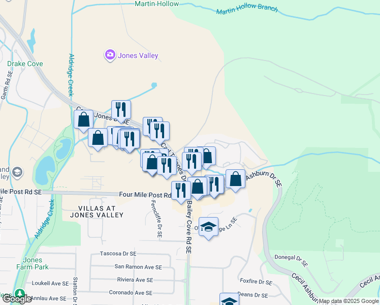 map of restaurants, bars, coffee shops, grocery stores, and more near 2775 Carl T Jones Drive Southeast in Huntsville