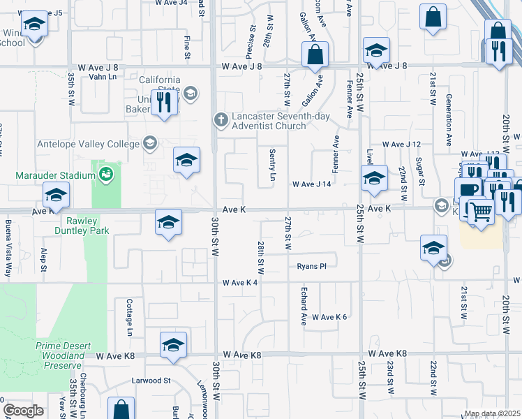 map of restaurants, bars, coffee shops, grocery stores, and more near 2741 West Avenue K in Lancaster